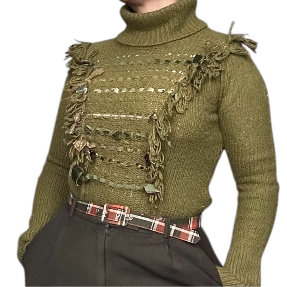 By Anthropologie Wool blend Turtleneck sweater wt Fringe and velvet details - S - Picture 5 of 13